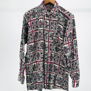 Vintage 90s Indra Malaysian Batik  Purple Navy Long Sleeve Button Down Shirt